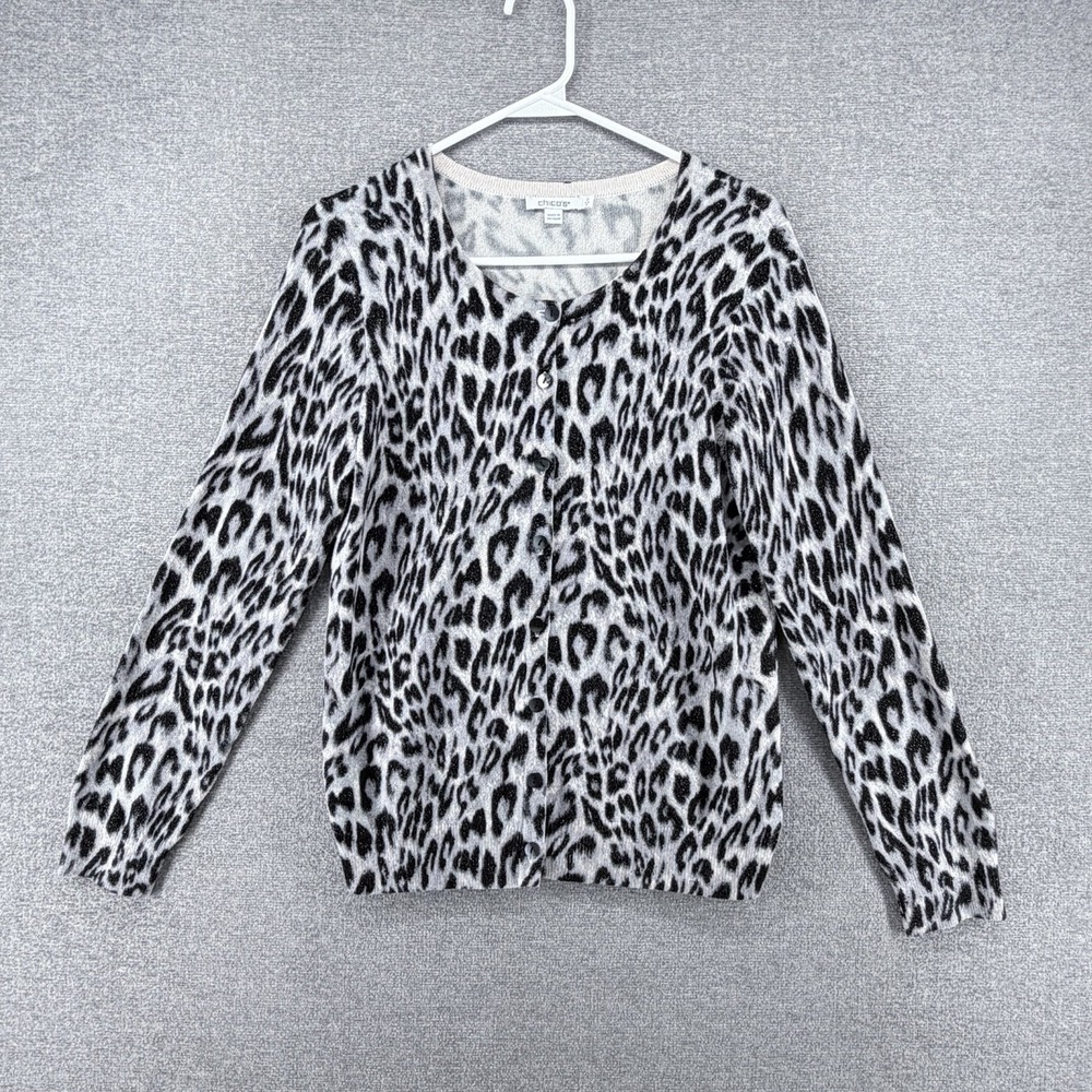 Chicos Cardigan Women Size 0/ Small Black White Leopard Print Long Sleeve Casual
